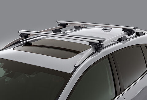 Dachgrundträger montiert auf Dachreling von silbernem Fahrzeug